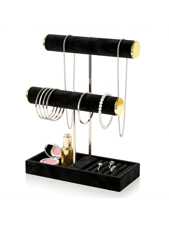 2Tier Jewelry Organizer Stand,Velvet Tabletop Necklace and Bracelet Hanging Organizer Holder for Girls and Women,Large Small Jewelry Storage Display Tree Rack for Vendors,Ring Hanger(Black)