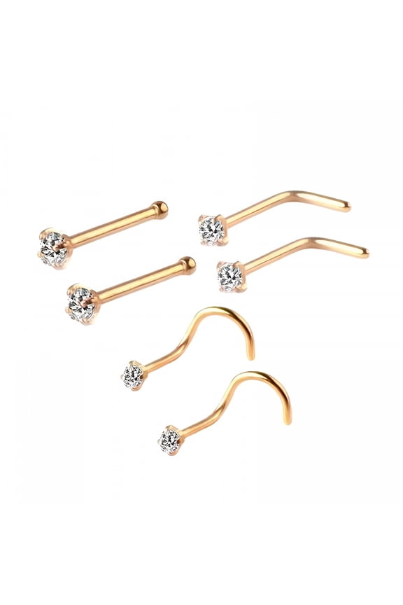 2X6Pcs Corkscrew Nose Rings Stainless Steel Nose Studs for Men Women Birthdays Gold
