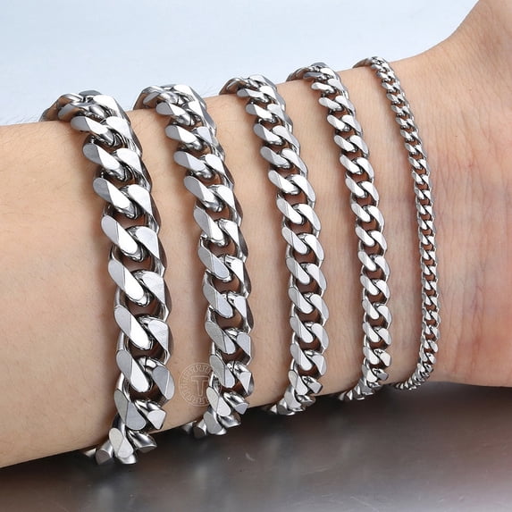 DESIGNICE 3/5/7/9/11mm Silver Stainless Steel Curb Cuban Chain Bracelet ...