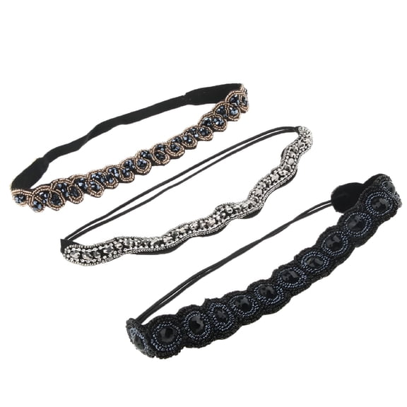 DESIGNICE 3 PCS Rhinestone Beaded Headband, Fashion Handmade Jeweled Elastic Bands for Women Accessories