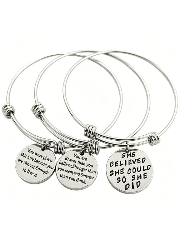 3 Pack Women Engraved Message Inspirational Words Round Charm Bracelets Set Expandable Silver Plated Stainless Steel Motivational Bangle Bracelet