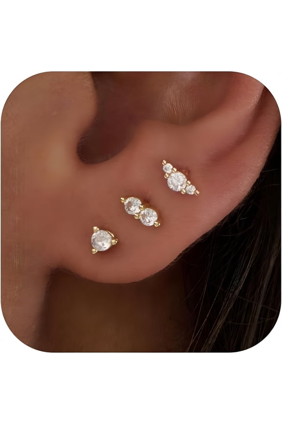 3 Pair Tiny Flat Back Stud Earrings for Women - 14K Gold Plated Hypoallergenic Cute Small Screw Flatback Earring Set, Everyday Wear, Titanium Earrings for Women