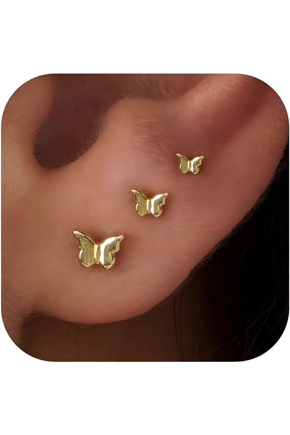 3 Pair Tiny Flat Back Stud Earrings for Women - 14K Gold Plated Hypoallergenic Cute Small Screw Flatback Earring Set, Everyday Wear
