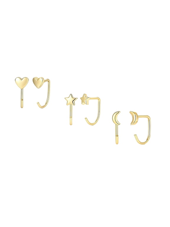 3 Pairs Backless Half Hoop Earrings Set for Women, Dainty 14K Gold Plated Cz Stay Close Hoop Earrings, Hypoallergenic Huggie Stackable Earring for Everyday & Sleep Wear Jewelry Gift
