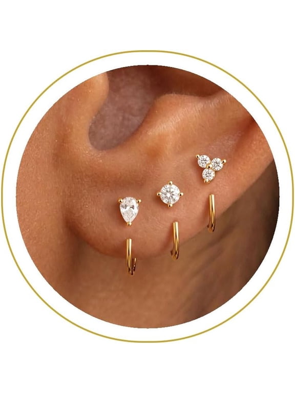 3 Pairs Backless Half Hoop Huggie Earrings,14K Gold Plated Small Open Hoops Earrings for Multiple Piercings, Non-Tarnish Hypoallergenic Sleep Friendly Set Jewelry for Women