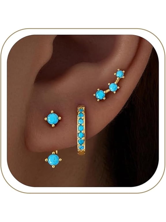3 Pairs Dainty Small 4Th of July Earrings for Women Trendy,Birthstone Stud Huggie Hoop Jacket Stack for Cartilage Helix,Gold Plated Hypoallergenic Cute Women Fashion Accessories