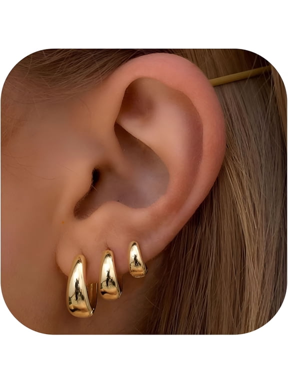 2026 New 3 Pairs Gold Hoop Earrings Set for Women Chunky Gold Silver Earring 14K Gold Filled Hypoallergenic Small Hoops Tiny Thick Trendy Hoop Earrings Stacks for Multiple Piercing
