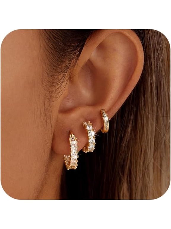 3 Pairs Gold/Silver Hoop Earrings for Women Trendy Dainty 14K Gold Plated Cubic Zirconia Stud Earrings Huggie Hoop Earrings Stack for Multiple Piercing Jewelry