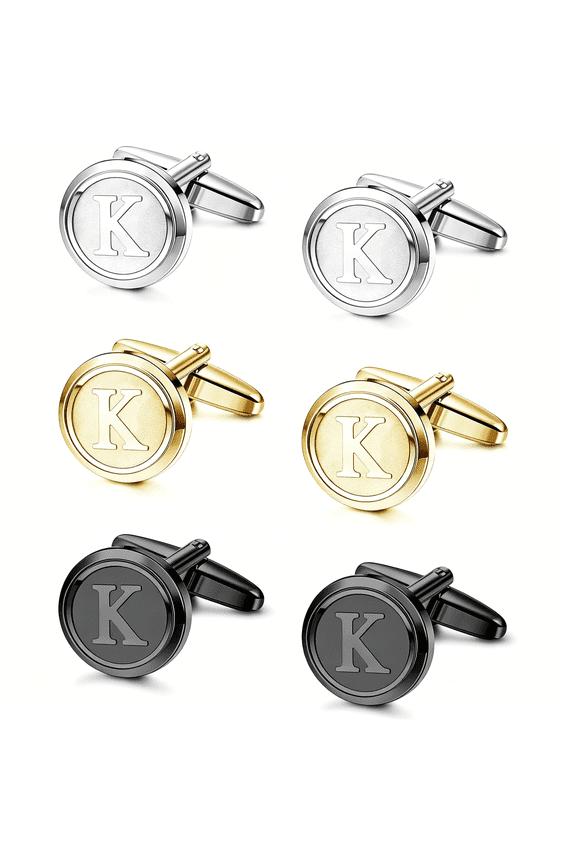 3 Pairs Initial Cufflinks for Men Classic Mens Cufflinks Set Letter Cuff Links for Casual to Formal with Gift Box Silver Black 14K Gold Plated Cufflinks for Father Husband
