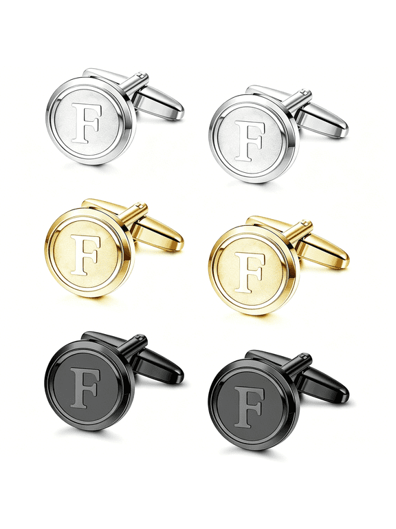 3 Pairs Initial Cufflinks for Men Classic Mens Cufflinks Set Letter Cuff Links for Casual to Formal with Gift Box Silver Black 14K Gold Plated Cufflinks for Father Husband