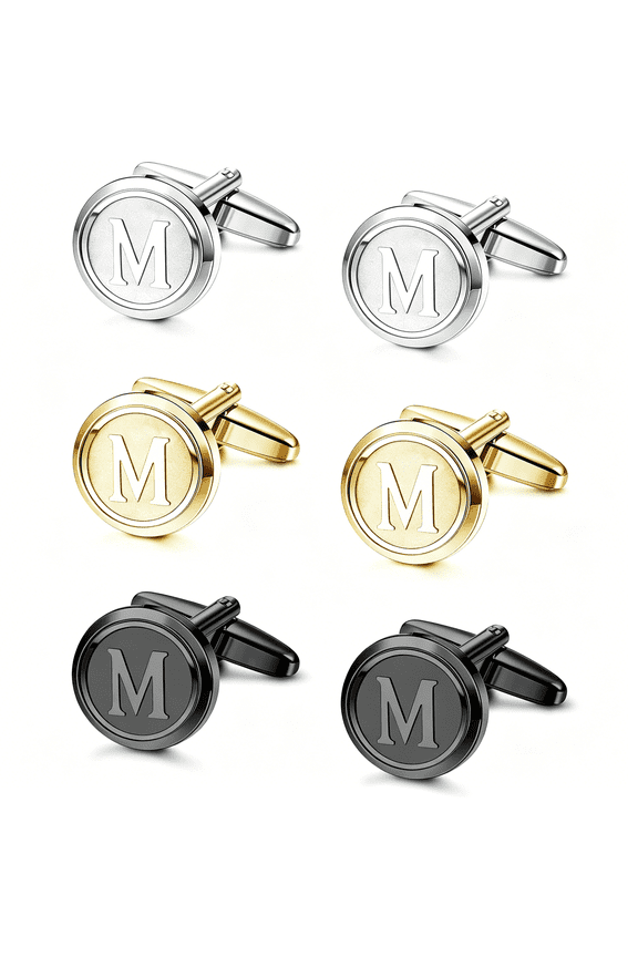 3 Pairs Initial Cufflinks for Men Classic Mens Cufflinks Set Letter Cuff Links for Casual to Formal with Gift Box Silver Black 14K Gold Plated Cufflinks for Father Husband