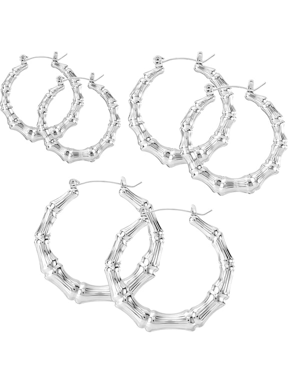 3Pairs Large Bamboo Hoop Earrings, Silver Plated Shiny Hip Hop Earrings, Hypoallergenic Set