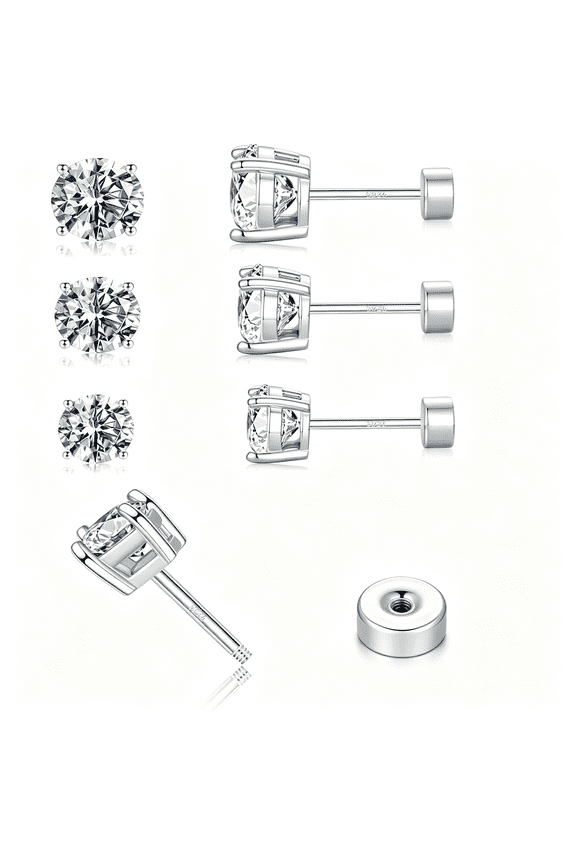 3 Pairs Moissanite Earrings for Women Men,925 Sterling Silver D-E Color Vvs1 Moissanite Flatback Stud Earrings Set Cartilage Piercing Birthday Gifts for Women Men