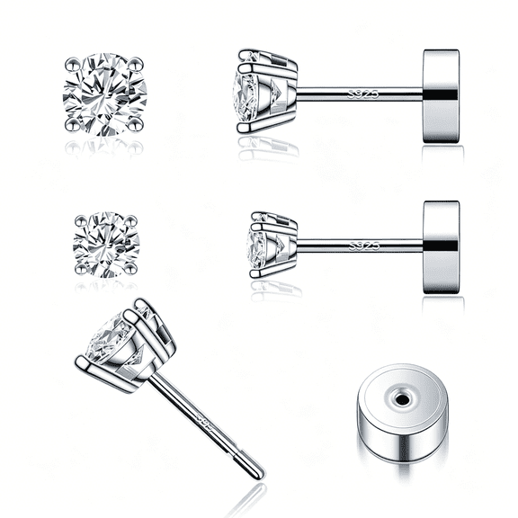 DESIGNICE 3 Pairs Moissanite Flatback Stud Earrings for Women,925 Sterling Silver Hypoallergenic Flat Back Cartilage Earrings Set,18K White Gold Plated