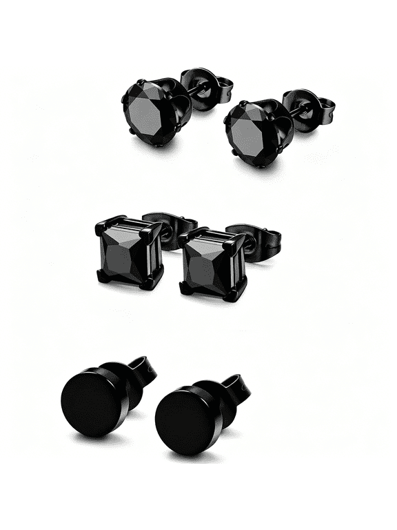 3 Pairs Stainless Steel Black Stud Earrings for Men Women Hypoallergenic Mens Earrings Stud Set,Black Silver Square Round Diamond Cz Studs Earring Pierced 3Mm-8Mm