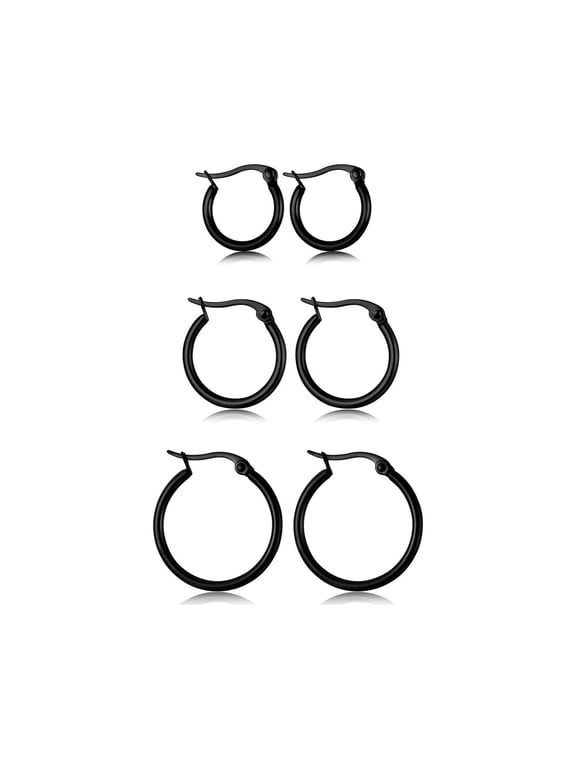 3 Pairs Stainless Steel Hoop Earrings Set for Women Mens Black Silver Gold Small Hoop Earring,Lightweight Click-Top Hoops Piercing 10-20Mm