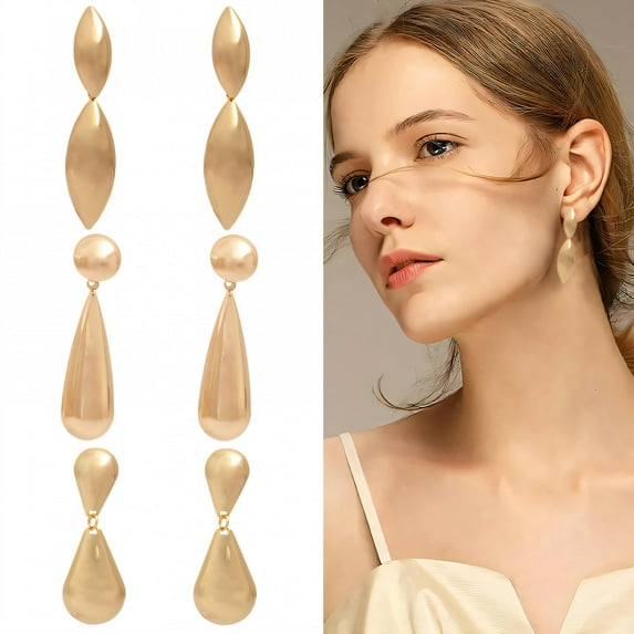 DESIGNICE 3 Pairs Statement Earrings for Women,Alloy Plating Geometric Teardrop Dangle Earrings for Women,Chunky Earrings Gift Sentiment,Style1