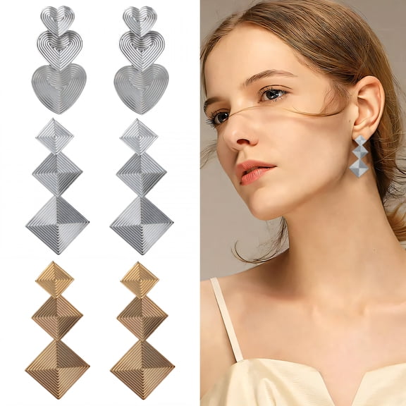 DESIGNICE 3 Pairs Statement Earrings for Women,Iron Plating Geometric Drop Earrings,Gold Dangle Earrings for Women Wife Girlfriend Jewelry Gift,Style1
