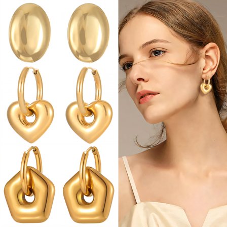 DESIGNICE 3 Pairs Statement Earrings for Women,Stainless Steel Plated C-Shaped Hoop Hoop Earrings for Women,Chunky Gold Earrings Wife Girlfriend Jewelry Gift,Style1