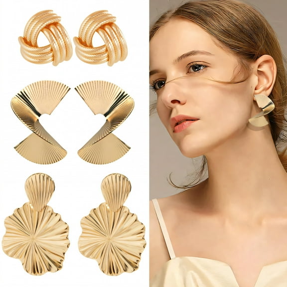 DESIGNICE 3 Pairs Statement Earrings for Women,Metal Plated Geometry Drop Earrings,Razor Line Structure Gold Statement Earrings,Style1