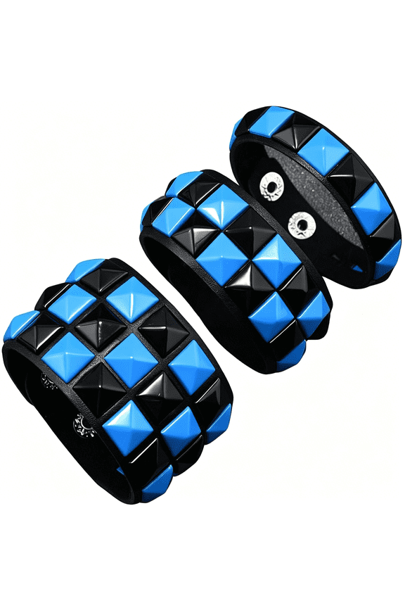 3 Pcs Black White Checkered Faux Leather Bracelet for Men Women Punk Gothic Studded Cuff Bangle Wristband Arm Band Halloween Party Accessories