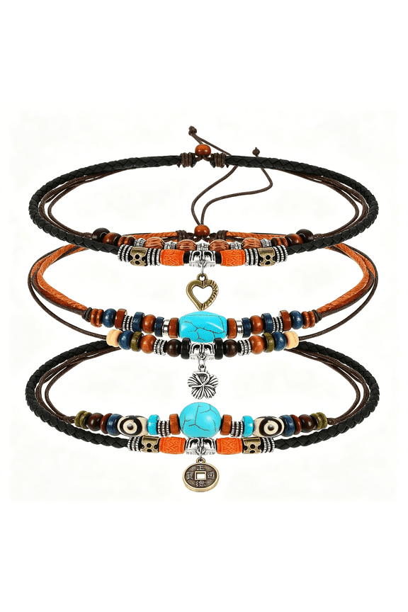 3 Pcs Boho Necklaces for Women Western Layered Wood Beads Choker Necklace Adjustable Vintage Leather Choker Boho Jewelry Gift for Women