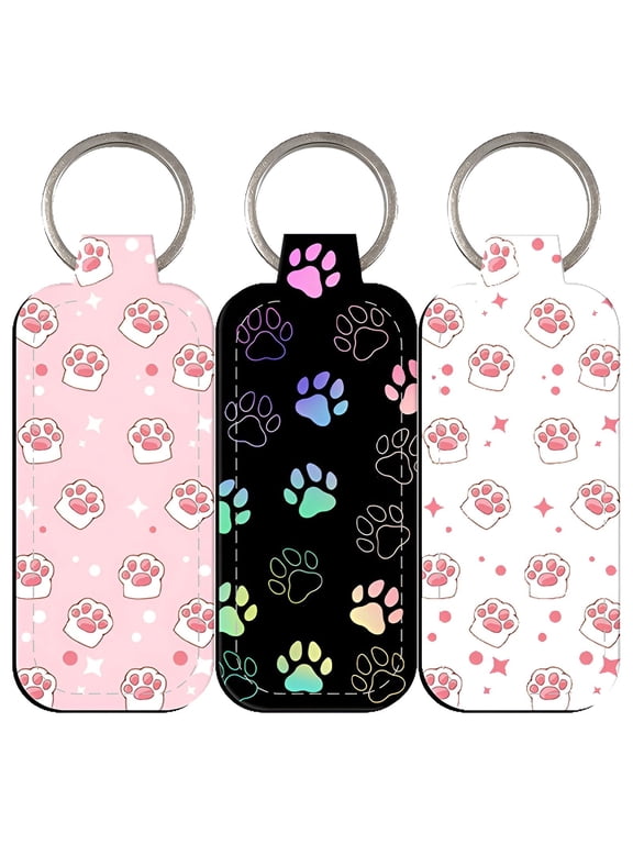 3 Pcs Chapstick Holder Keychain, Cute Cat Paw Lip Balm Pouch, Woven Fabric Key Ring Lanyard for Bags