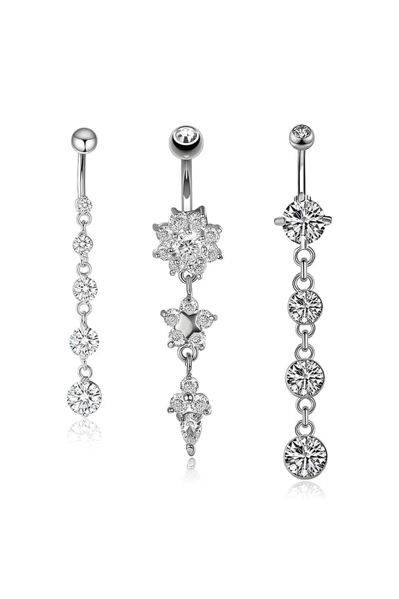3 Pcs Dangle Belly Button Rings,14G Belly Rings,Stainless Steel Belly Button Piercing Cute Belly Button Rings,Silver