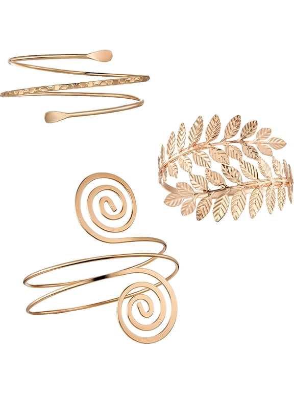 3 Pcs Gold Arm Cuff for Women Upper Arm Bracelet Armlet Bangle Laurel Leaf Swirl Adjustable Armband for Halloween Greek Goddess Accessories