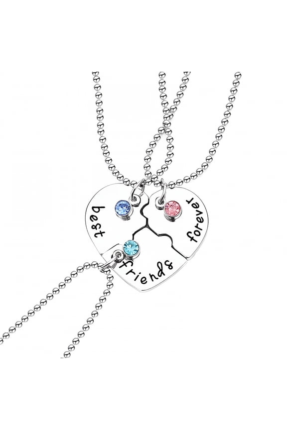 3 Pcs Set Bff Necklace Friendship Necklace with Crystal - Heart Bff Necklace for 3 Best Friends Forever and Ever Necklace (Non-Magnetic)