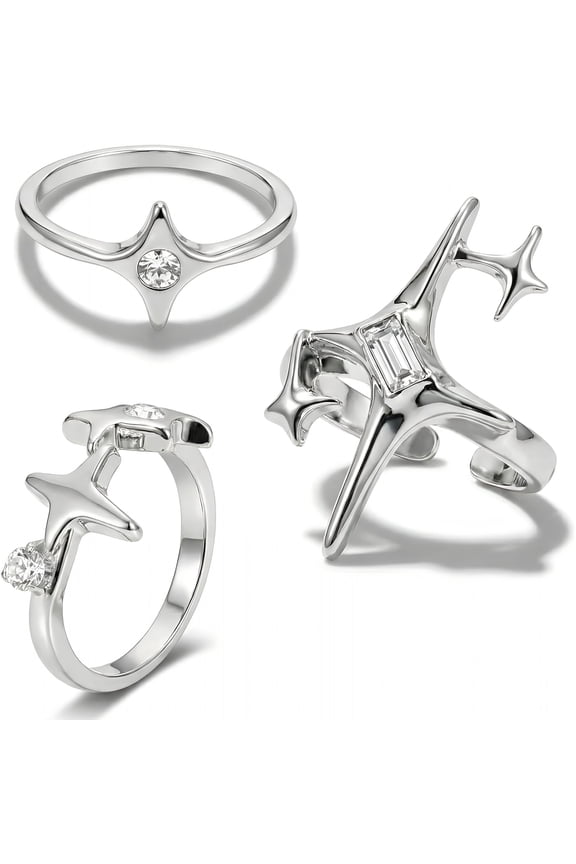 3 Pcs Vintage Silver Tone Knuckle Rings Set,Adjustable Hollow Star Open Band Rings for Stacking and Layering,Chunky Punk Statement Jewelry for Men and Women