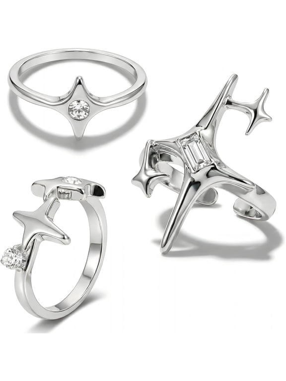 3 Pcs Vintage Silver Tone Knuckle Rings Set,Adjustable Hollow Star Open Band Rings for Stacking and Layering,Chunky Punk Statement Jewelry for Men and Women
