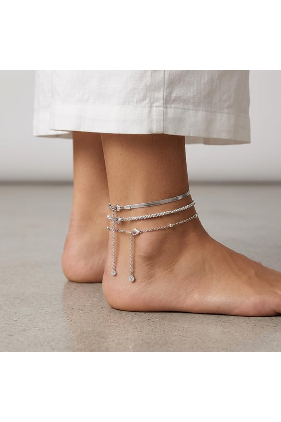 3 Piece Layered Anklets for Women,Boho Beach Foot Jewelry Set for Summer,Adjustable Herringbone Chain Anklet,Birthday Jewelry Gift