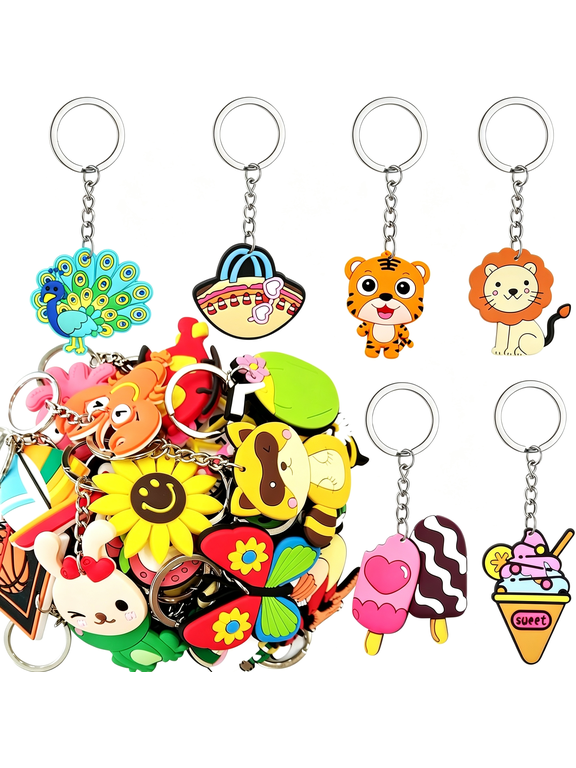30/50Pcs Large Size Thicken Cute Bulk Keychains,Non-Repeat Cartoon Key Chains Backpack Charms for Classroom Prizes Students Incentives Holiday Gifts Party Favors