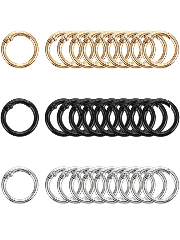 30 Pcs Crochet Bag Rings Trigger Spring O Set Circle Carabiner Metal Round Clips Replacement Snap Buckle for Keychains Bags Purses Handbags Strap Diy Crafts Gold, Silver, Black