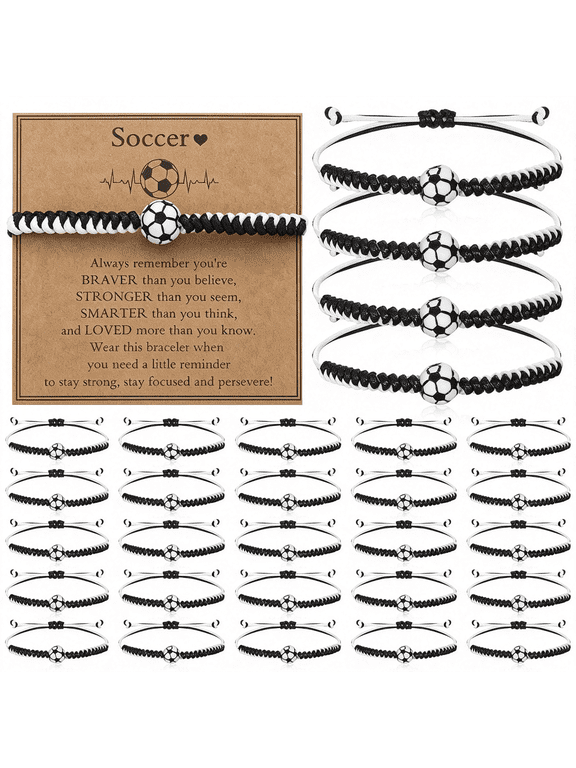 30 Sets Sports Charm Bracelets Bulk with Inspirational Card for Sports Party Favor Team Group Player Gifts Soccer Bracelets