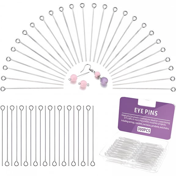 DESIGNICE 300PCS 1.6 Inch Eye Pins, 40mm Stainless Steel Eye Pins for Jewelry Making, Silver Eye Head Pins with 2mm Loop, Easy Bend Jewelry Making Findings for DIY Earrings Necklaces Bracelets