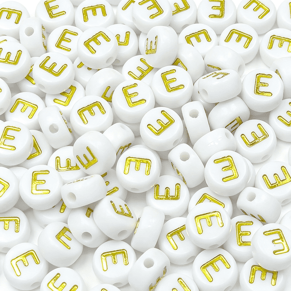 DESIGNICE 300Pcs Letter Beads Acrylic Alphabet Beads for Jewelry Making Bracelets Necklaces 4X7Mm Gold White Round Vowel Letter Beads E Bubble Letter Beads(300,Gold-E)