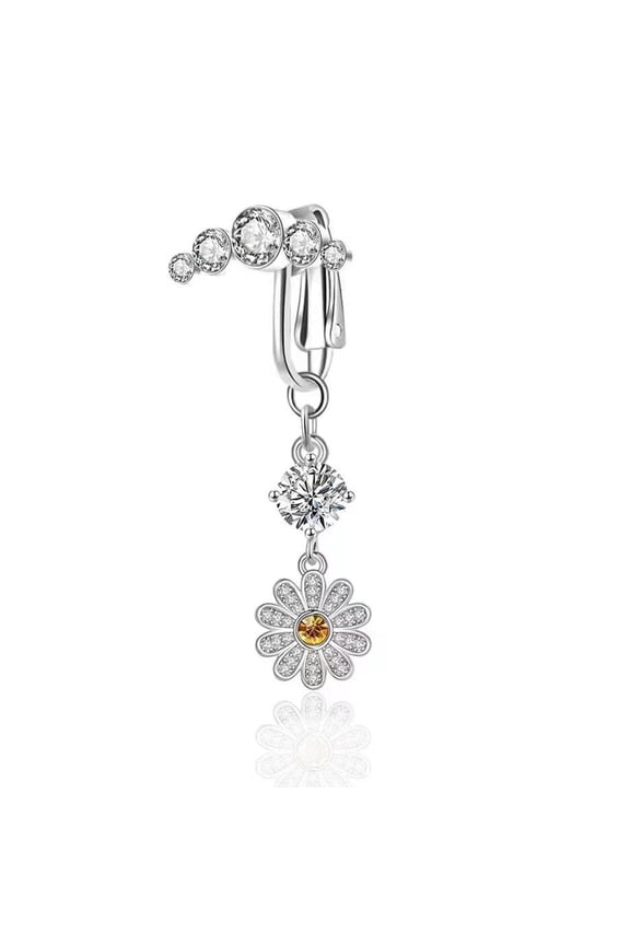 304 Stainless Steel Pave Clear Cubic Zirconia Clip on Belly Rings Stainless Steel Color Flower Fake Bellybutton Piercing 45Mm