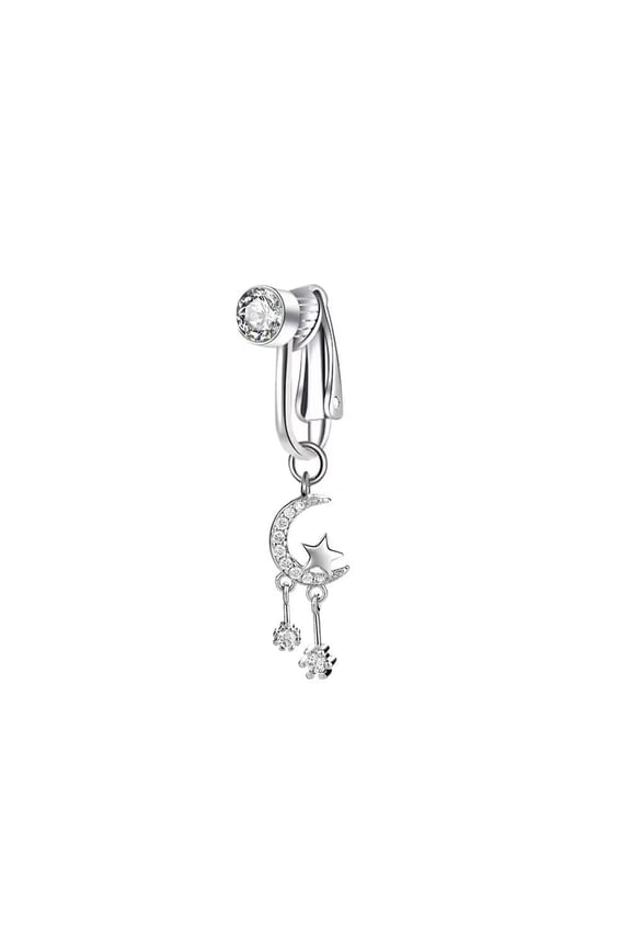 304 Stainless Steel Pave Clear Cubic Zirconia Clip on Belly Rings Stainless Steel Color Moon Wiht Star 40Mm