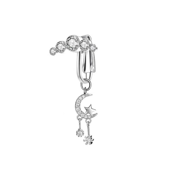 DESIGNICE 304 Stainless Steel Pave Clear Cubic Zirconia Clip on Belly Rings Stainless Steel Color Moon with Star Fake Bellybutton Piercing 40Mm