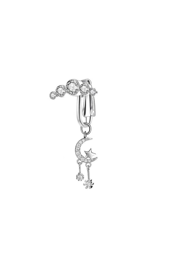 304 Stainless Steel Pave Clear Cubic Zirconia Clip on Belly Rings Stainless Steel Color Moon with Star Fake Bellybutton Piercing 40Mm