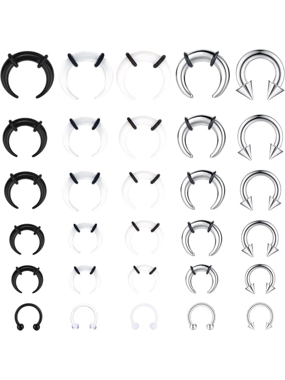 30Pcs Septum Pincher Tapers 16G 14G 12G 10G 8G 6G Horseshoe Septum Rings Acrylic Stainless Steel C Shape Septum Piercing Jewelry Nose Ear Cartilage Septum Stretching Kit for Women Men