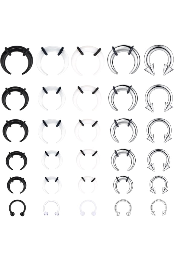 30Pcs Septum Pincher Tapers 16G 14G 12G 10G 8G 6G Horseshoe Septum Rings Acrylic Stainless Steel C Shape Septum Piercing Jewelry Nose Ear Cartilage Septum Stretching Kit for Women Men