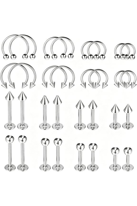 32Pcs Lip Rings for Women 16G Stainless Steel Horseshoe Labret Studs Monroe Lip Barbell Ring Snake Bite Piercing Jewelry Helix Earring Daith Tragus Cartilage Surgical Steel Jewelry