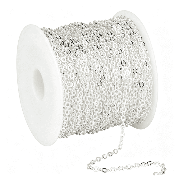 DESIGNICE 33Ft 2Mm Silver Flat Cable Chains Roll Bulk for Jewelry Making Diy Craft | Silver Plated Brass Oval Cable Link Chains Spool for Necklace Bracelet Making