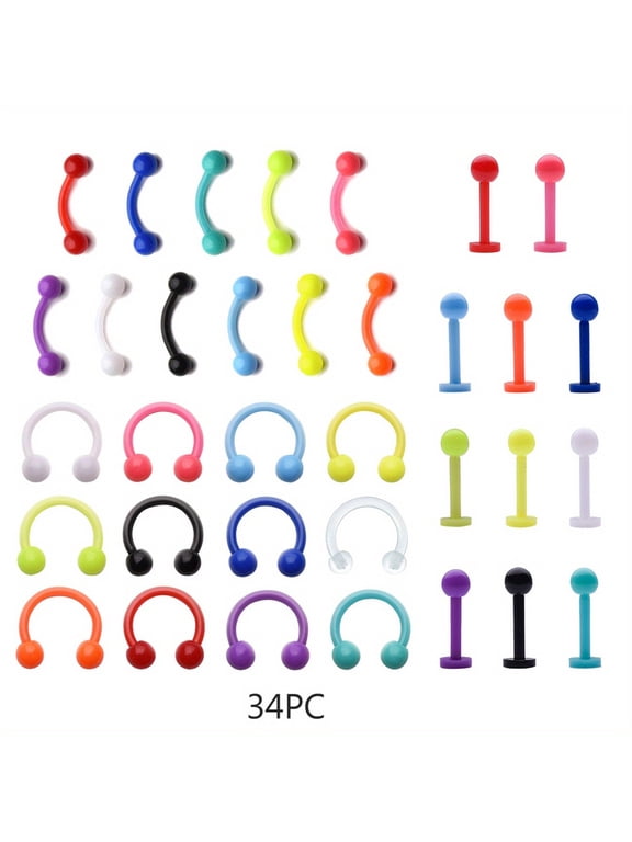 33Pcs 16G Eyebrow Ring Lip Labret Nose Rings Acrylic Flexible Cartilage Ear Piercing Jewelry Pack Plastic Lip Piercing Jewelry
