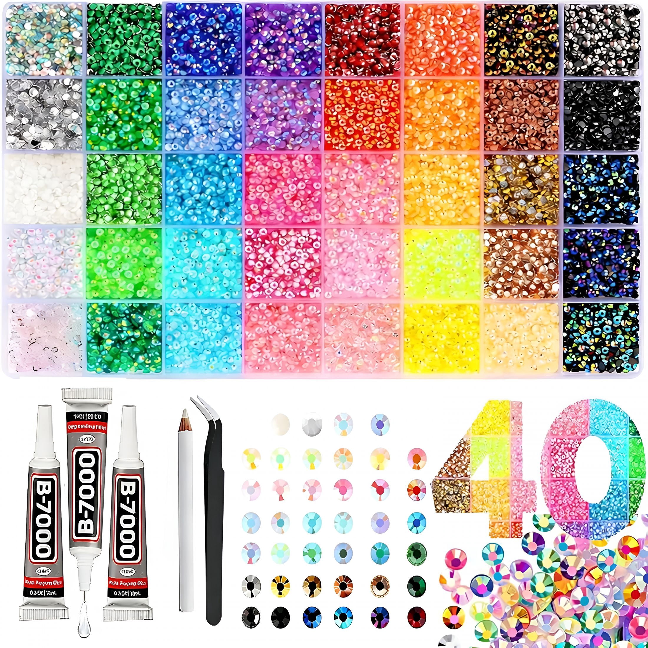 DESIGNICE 35000Pcs Rhinestones,40 Color Kits,3Mm Bedazzling Kit with Glue for Diy Diamond Paintings,Decorative Water Cups,Phone Cases,And Other Crafts