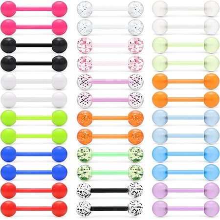 DESIGNICE 36Pcs 14G Glow in Dark Flexible Acrylic Straight Tongue Barbell Nipple Ring Retainer Piercing Jewelry for Women Men 16Mm Bar