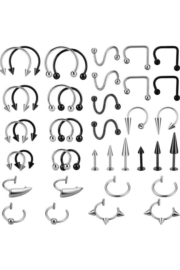 36Pcs 16G Lip Rings Stainless Steel Snake Bite Piercing Jewelry,Vertical Labret,Medusa Piercing Jewelry,Barbell Spike Helix Tragus Earrings Hoop,Horseshoe Septum,Nose Cartilage Piercings